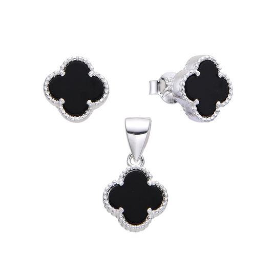 Set de collar con dije y aretes de trébol en plata 925